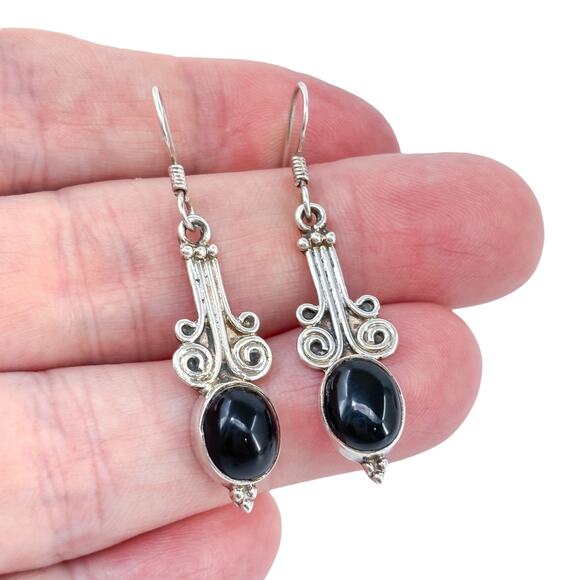 Vintage Sterling Silver 925 4.5cm Scroll Black Onyx Drop Earrings - Picture 1 of 8